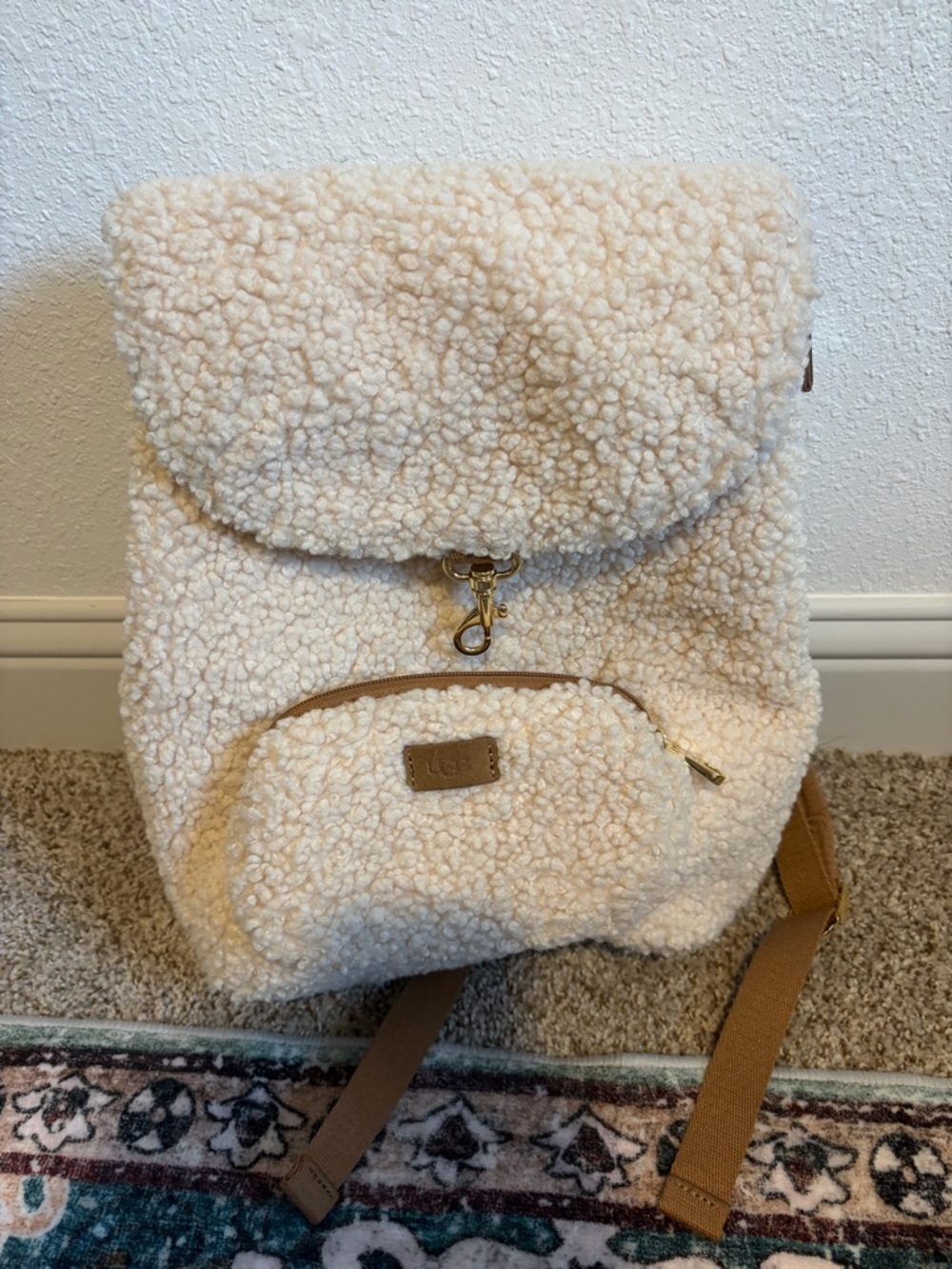 UGG Cream Sherpa Backpack with Tan Straps